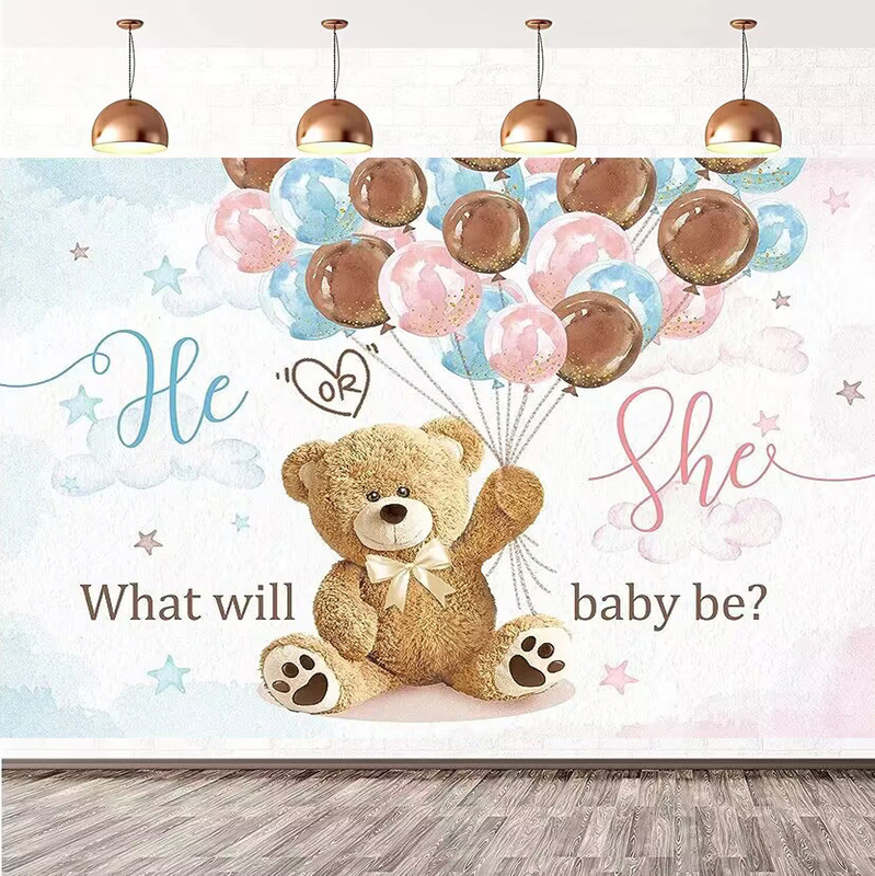 Foreign trade cross-border photography background cloth cartoon bear she or he gender reveal party decoration banner