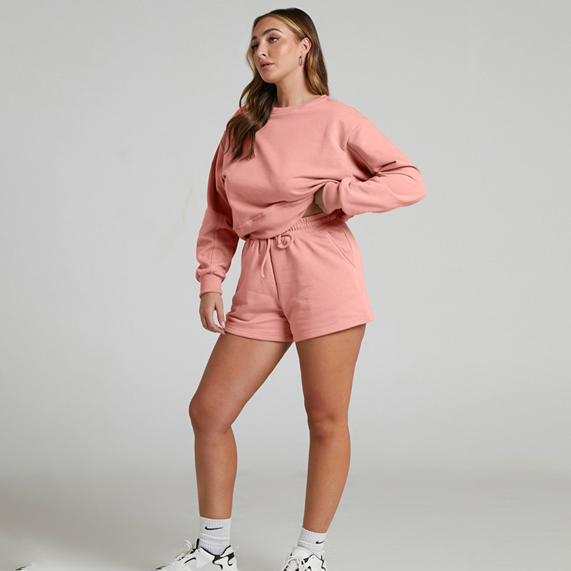 Solid Color Long Sleeve Sweaters Women Clothing Short Two-Piece Casual Shorts Suit