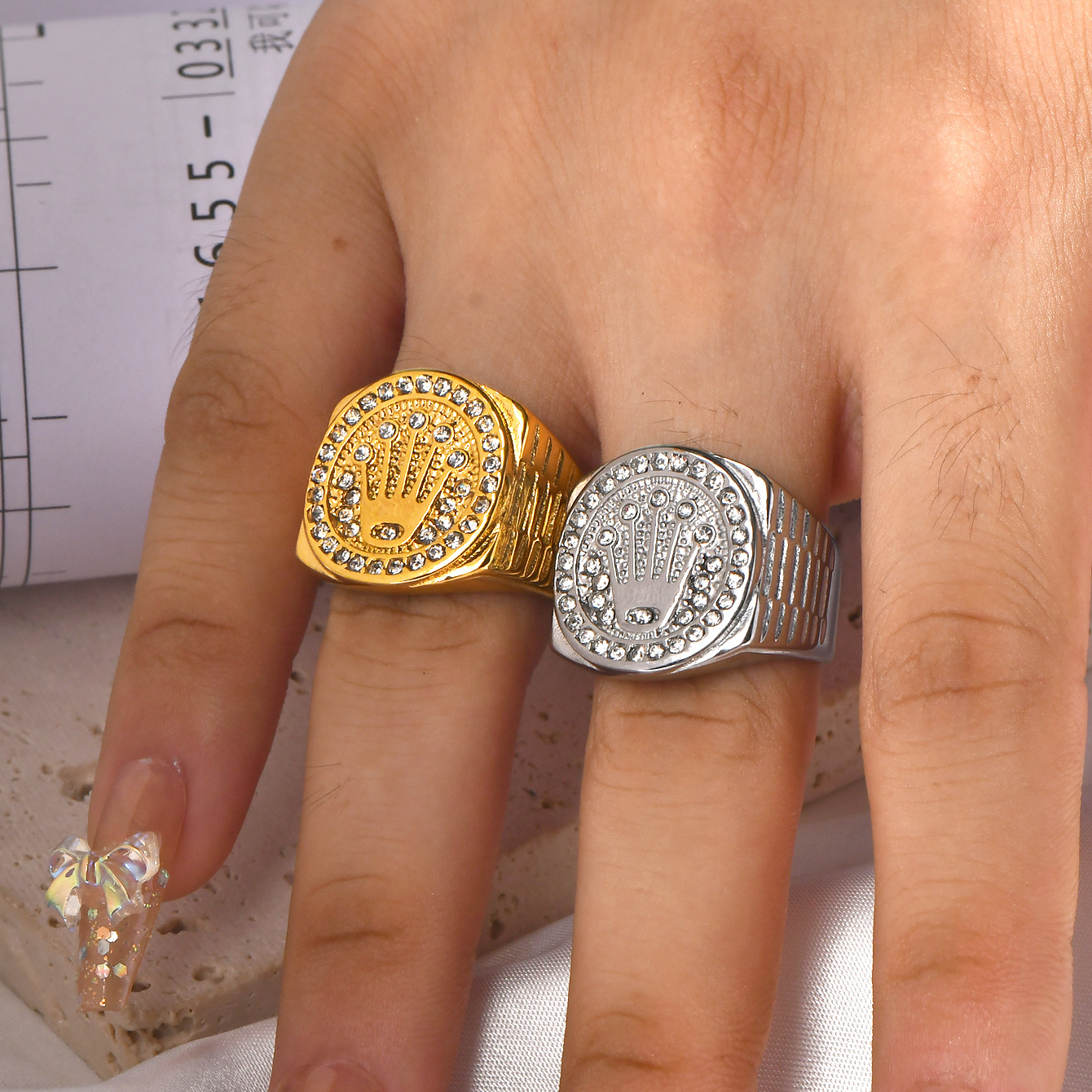 European and American New Stainless Steel Crown Three Beads Ring Hip Hop Nightclub HIPHOP Titanium Steel Men's Ring Ring