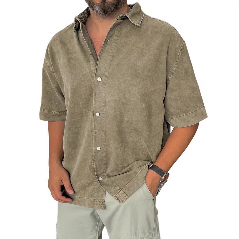 2025 Autumn New European and American Cross-Border Amazon Men's Retro Casual Lapel Solid Color Short-Sleeve Shirt 2025 Autumn New European and American Cross-Border Amazon Men's Retro Casual Lapel Solid Color Short-Sleeve Shirt