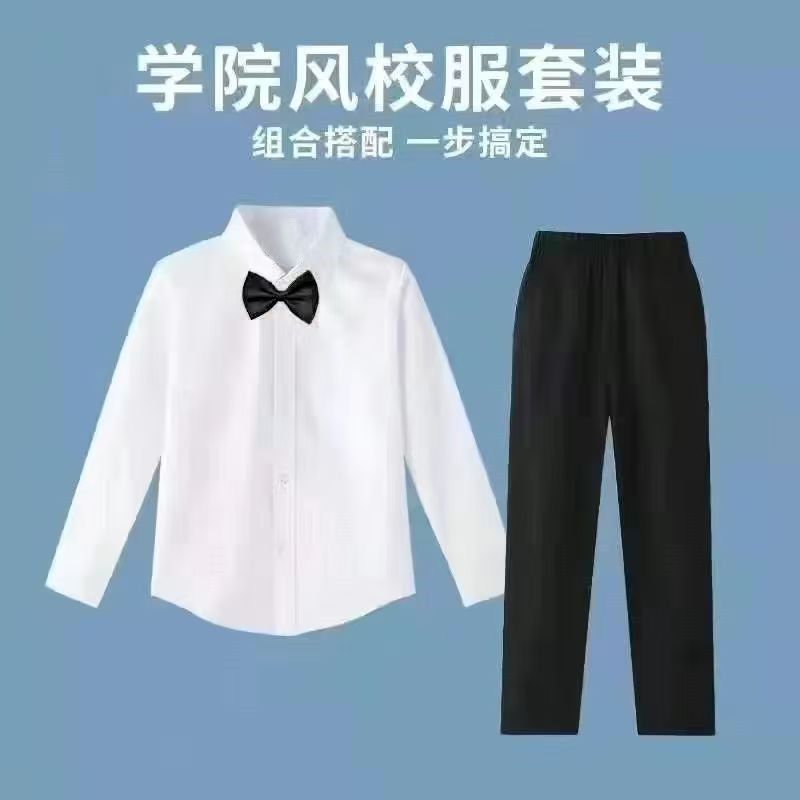 Long-sleeved suit + black bow tie