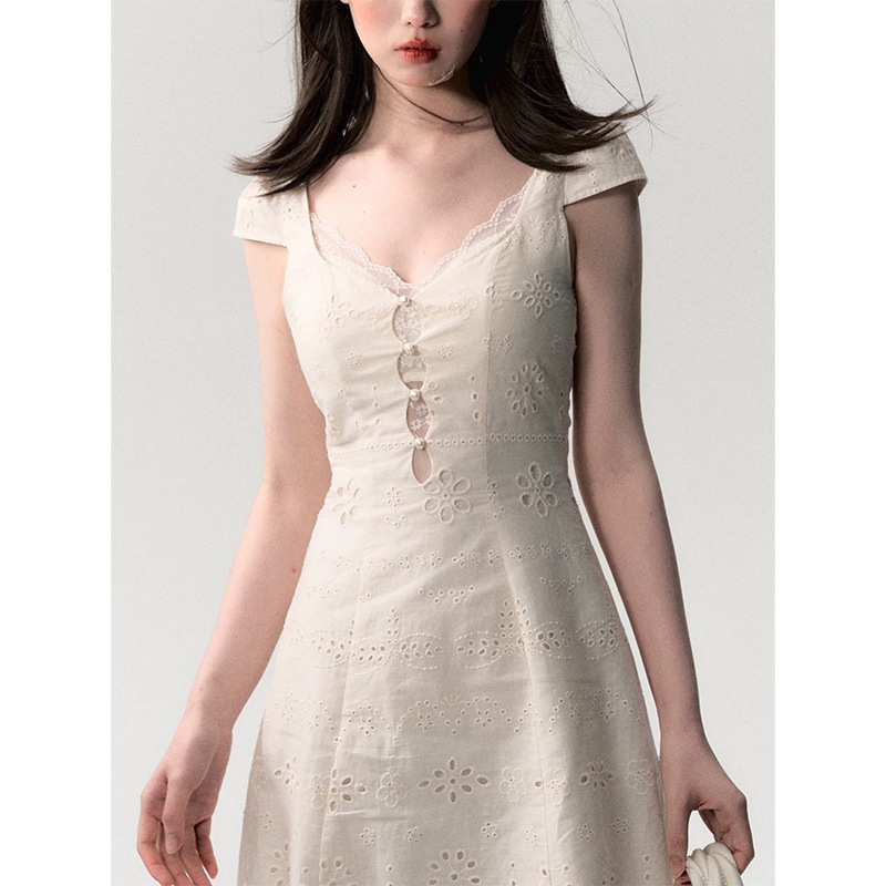 OAKMO/ "throbbing time" cream white simple slim lace stitching dress women's summer texture