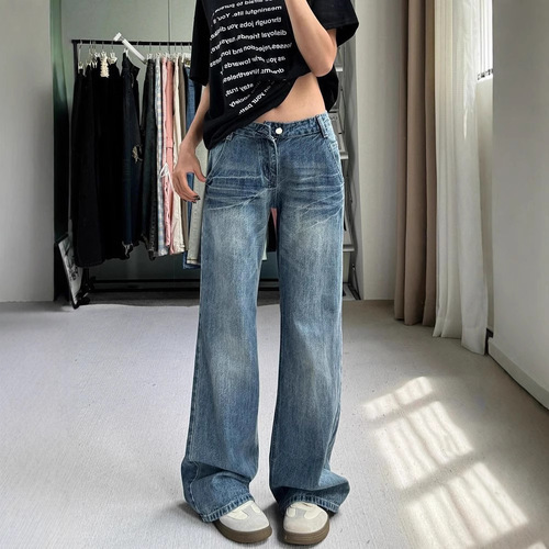 American Street Autumn Retro Washed Skinny Straight-Leg Women's High-Waist Slimming Casual Loose Straight Trousers