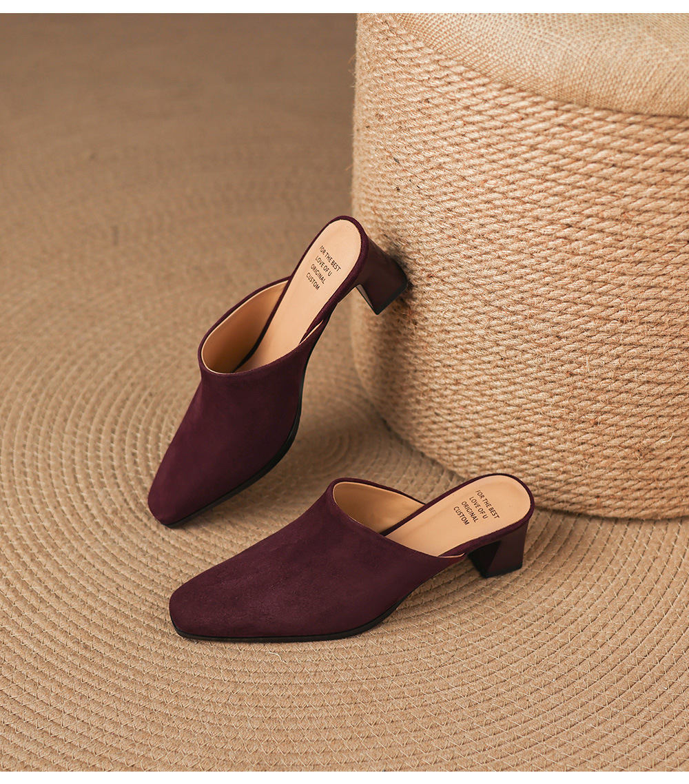 Sandal cao gót nữ mũi vuông da lộn, gót 7 cm, kiểu dáng nửa kéo — đen chi tiết 24