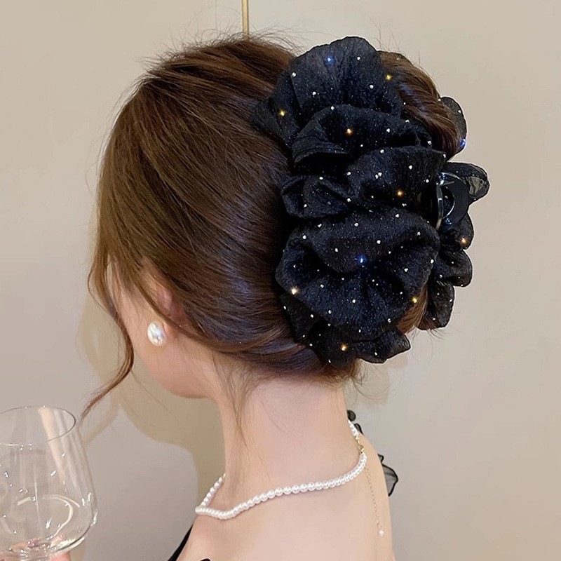 Satín de alta sensación, arco negro grande, clip de tiburón, toque de cabeza, clip de nube, clip de agarre, clip de cabello, tarjeta de cabello de mujer