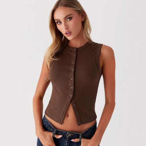2025 Amazon TK Cross-border Women's Clothing Summer Y2K Slim Fit Hot Girl Sleeveless Round Neck Ribbed Button Vest 