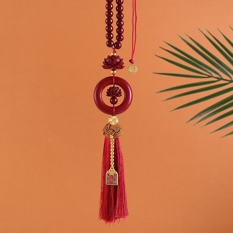 New Beaded Cinnabar Safety Car Pendant Safety Buckle Car Hanging Ornament Rearview Mirror Lotus Pendant Tassel Decoration