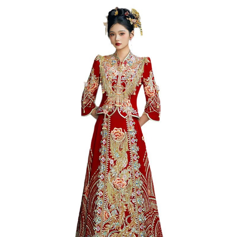 Original luxury velvet Xiuhe suit bride wedding dress 2025 new style going out dragon and phoenix gown Chinese wedding dress