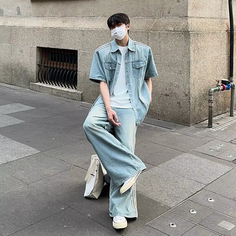 Summer New Niche Design Sense Denim Short-sleeved Shirt suit Men's Bar Wash Denim Straight Pants suit Summer New Niche Design Sense Denim Short-sleeved Shirt suit Men's Bar Wash Denim Straight Pants suit