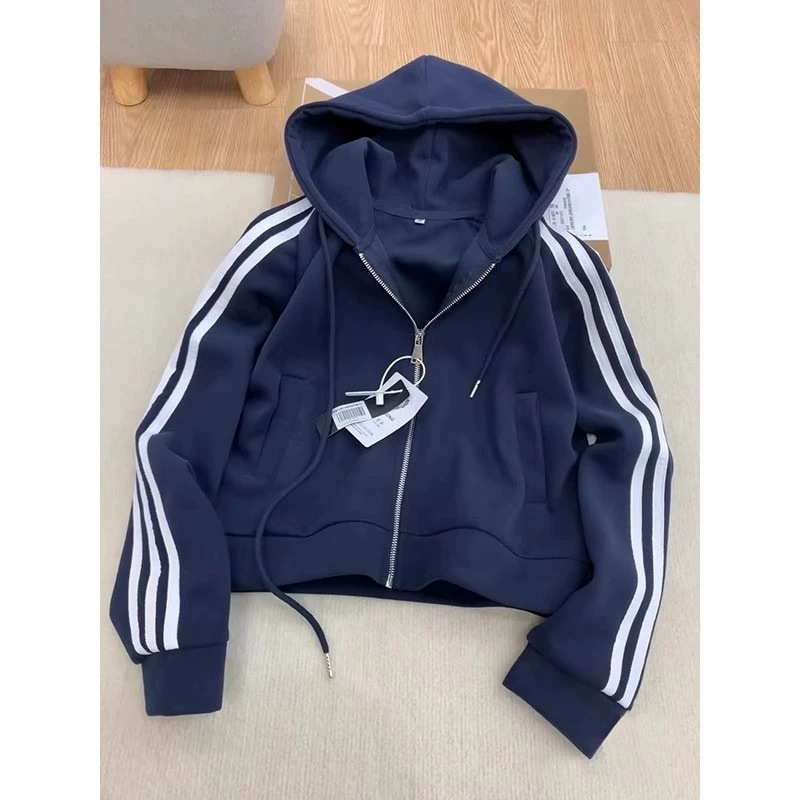 山东即墨卫衣藏青色两条杠女立领上衣复古棒球服秋夹克显瘦外套|undefined