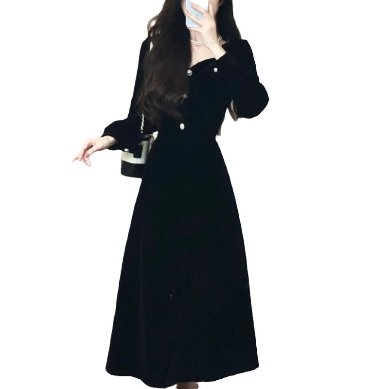 2024 Frühling und Herbst Neues elegantes und elegantes Kleid aus schwarzem Samt im Heben-Stil für Damen mit schmaler Passform und Rock mit Sinn für Design_voghion.com