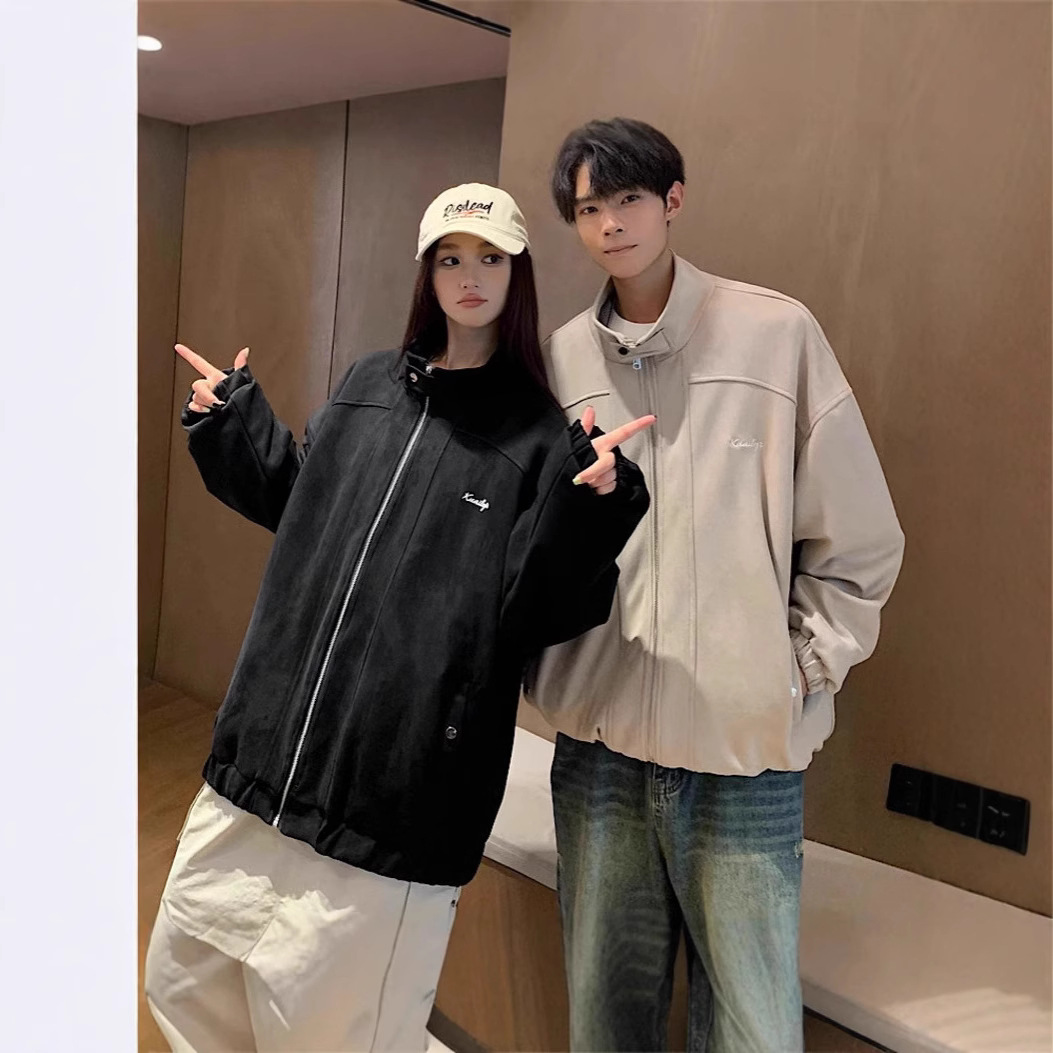 不一样的情侣装春秋装新款外套宽松设计感潮流复古美式立领刺绣夹
