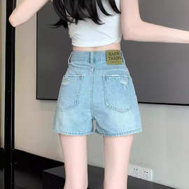 做旧辣妹阔腿牛仔短裤女2024夏季新款破洞设计高腰宽松A字热裤子