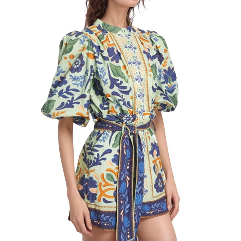 Spring Women's Clothing Retro Court Style Printed Round Neck Short Sleeve Temperament Celebrity Fashion Suit Women_ecoleips.com