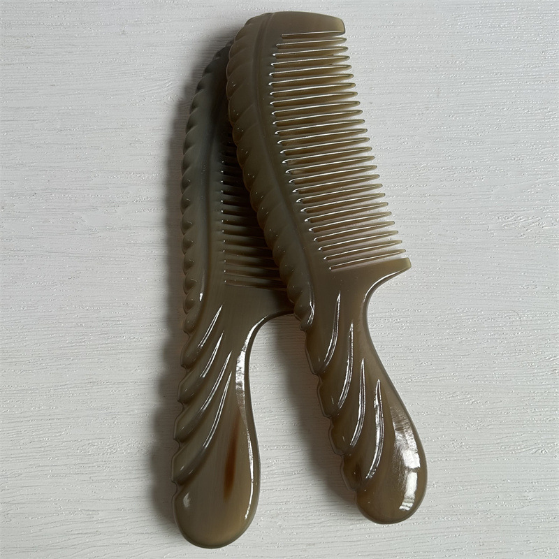 White Yak Horn Comb Round Handle Massage Hair Comb 18cm Carved Design quality and texture