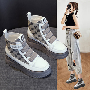 High-Top Shoes for Women 2025 Autum New Casual Sports White Shoes for Women Thick-Soled Inner Heightening Velcro Short Boots for Women