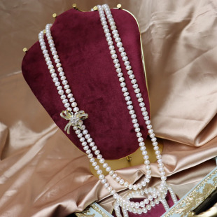 Retro Freshwater Pearl Sweater Chain Women's Autumn Korean Style 7mm Bow Double-Layer Multi-Wear Fashionable and Elegant Pearl Necklace