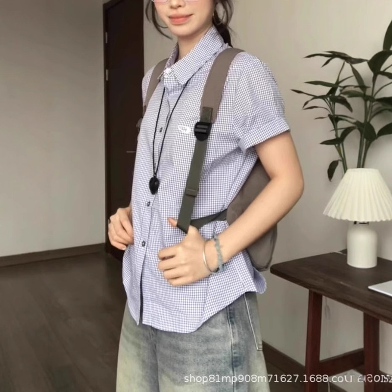 2025 Summer Popular Blue Plaid Short-Sleeved Shirt for Women French Casual Plaid Shirt Commuter Cardigan Top for Women