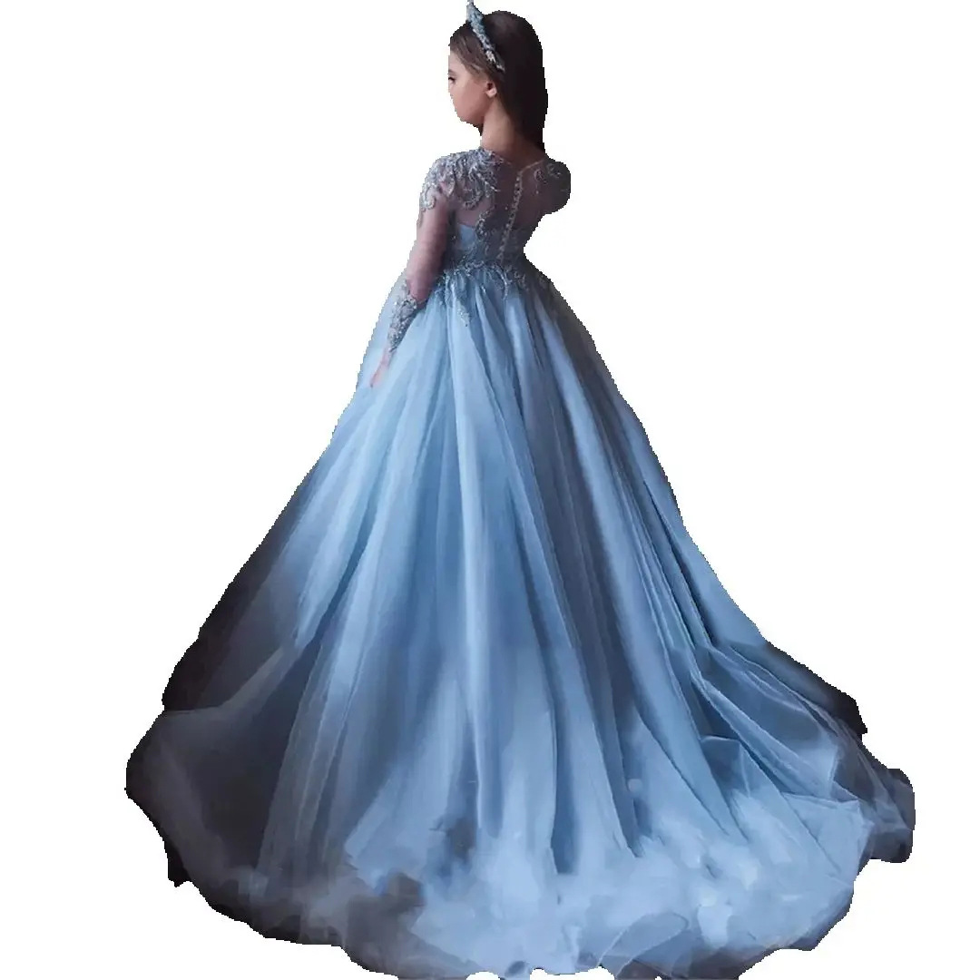 Elegante abito da bambina in tulle blu nebbia con pizzo e maniche lunghe, perfetto per compleanni, servizi fotografici, feste e spettacoli teatrali. 【Pre-ordine | Spedizione in 15 giorni】_voghion.com