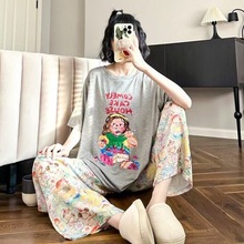 睡衣女士圆领夏季短袖薄款卡通甜美可爱长裤卡通家居服春秋季套装