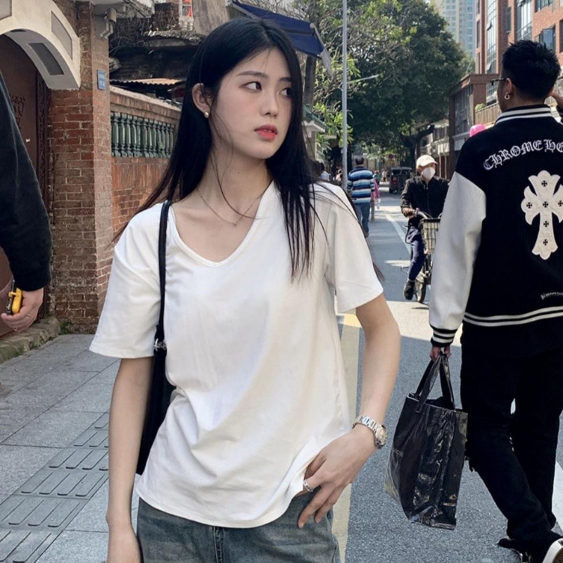 여름 V넥 반팔 아메리칸 사이즈 티셔츠 캐주얼 스포츠 여성복 단색