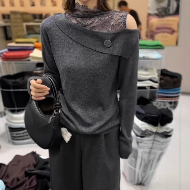 Designed Lace Splicing Off-Shoulder Slanted Shoulder Elegant and Feminine Knitwear 2025 Autumn and Winter Versatile Top