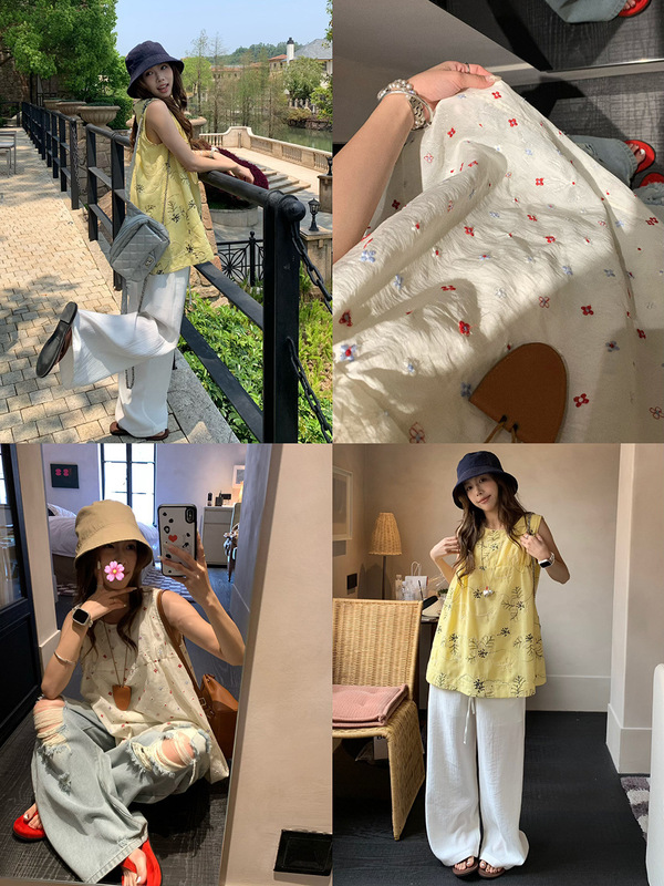 荒荒家 刺绣花朵背心2025夏季新款法式初恋无袖上衣马甲外套女|undefined