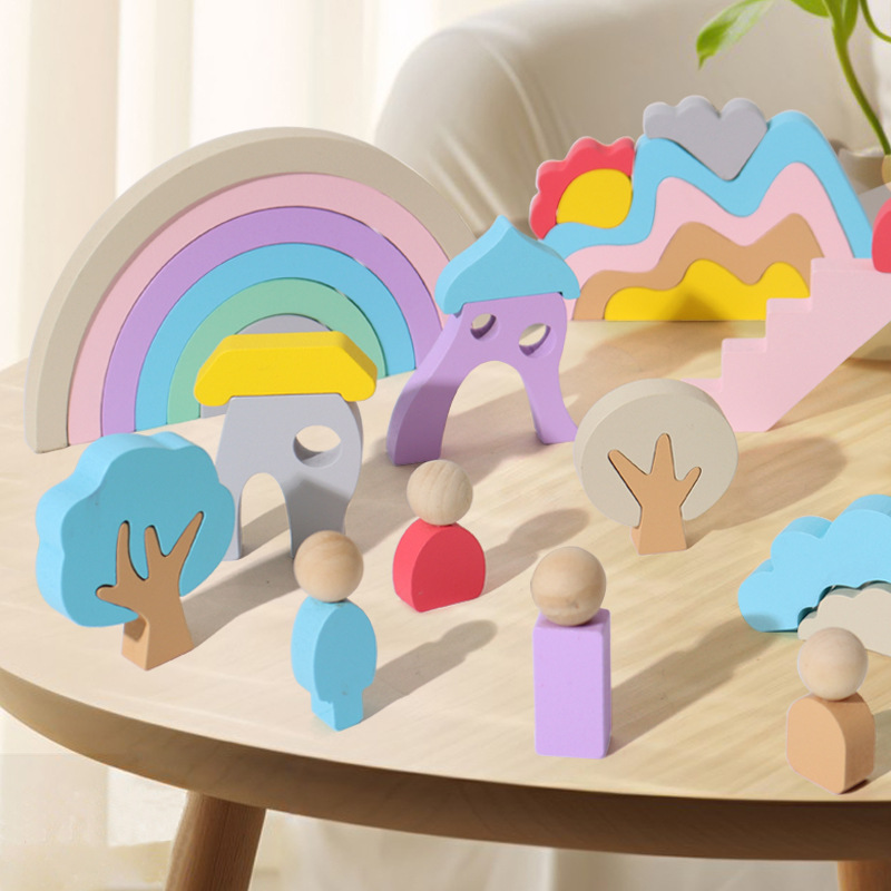 Ciudad de cuento de hadas de madera transfronteriza arco iris de bloques de construcción apilados para niños ensamblaje de rompecabezas Juguetes de inteligencia de educación temprana Mons image 3