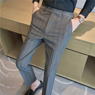No-Iron Anti-Wrinkle Plaid Men's Casual Pants Stretch Slim Fit Tapered Suit Trousers Simple Korean Style Tummy Control
