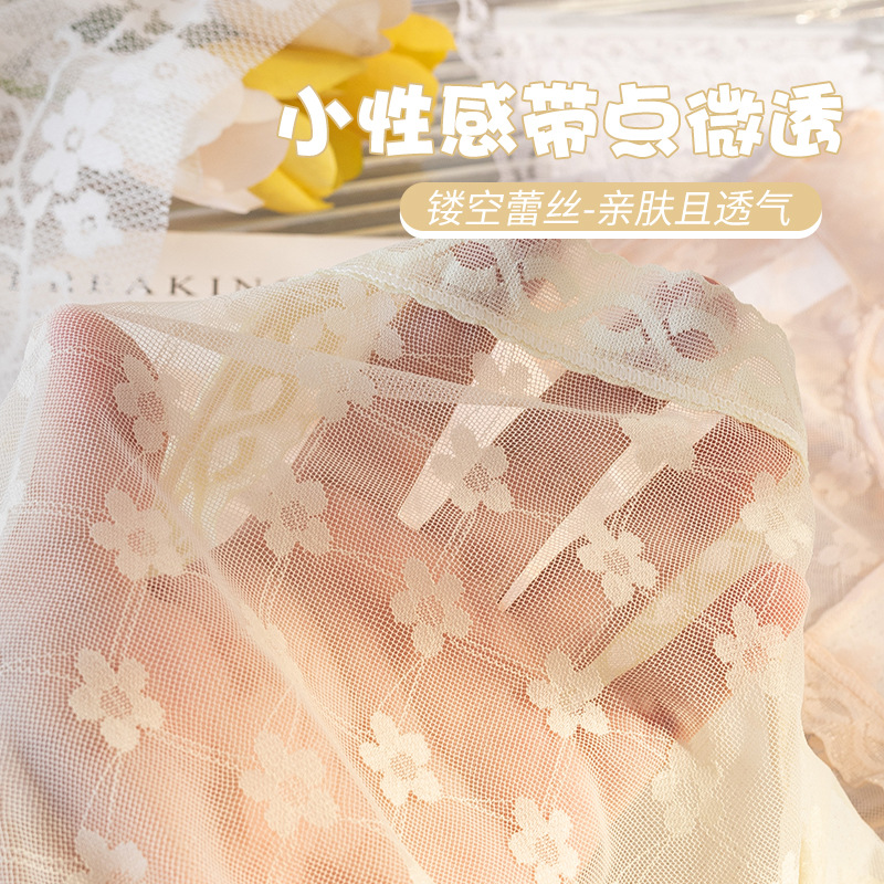Chica de encaje suave, gasa de malla sexy pura, sin costuras, cómoda ropa interior de mujer de cintura media, encaje fino de verano, refrescante
