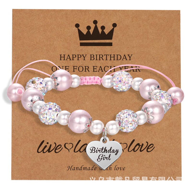 Cross-border bestseller pink Birthday Girl daughter granddaughter faux pearl beaded bracelet with card