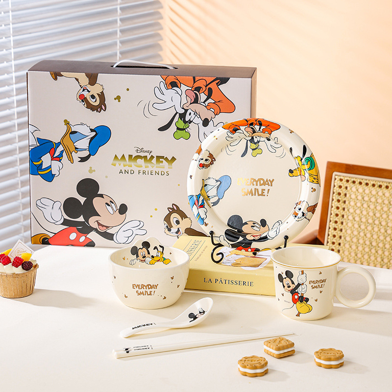 Mickey Family Light Luxury Cartoon Tableware for One Person, High-End Home Use Bowl and Plate Set, Color Box Packaging, Wholesale Gift Set