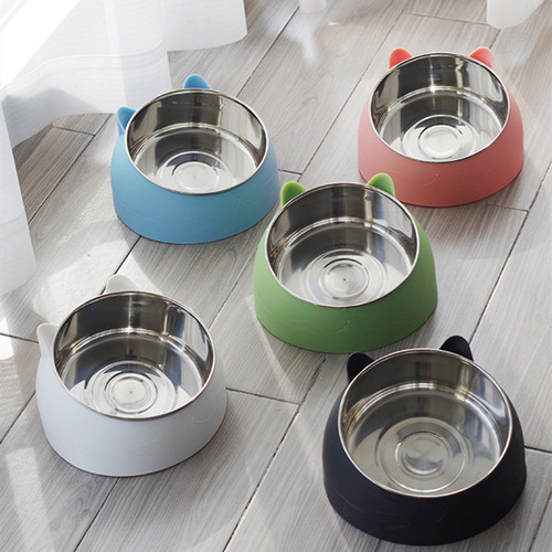 Internet celebrity stainless steel cat bowl and dog bowl double bowl to protect cervical vertebrae cat bowl slant mouth pet food bowl cat supplies