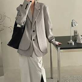 法式小众冷淡风灰色条纹西服高级感复古老钱风宽松假两件西装外套