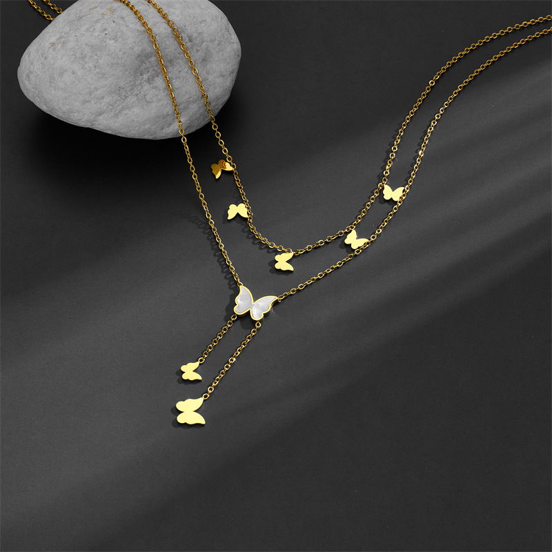 Titanium Steel 18K Gold Plated Sweet Simple Style Plating Inlay Star Moon Butterfly Acrylic Layered Necklaces display picture 3