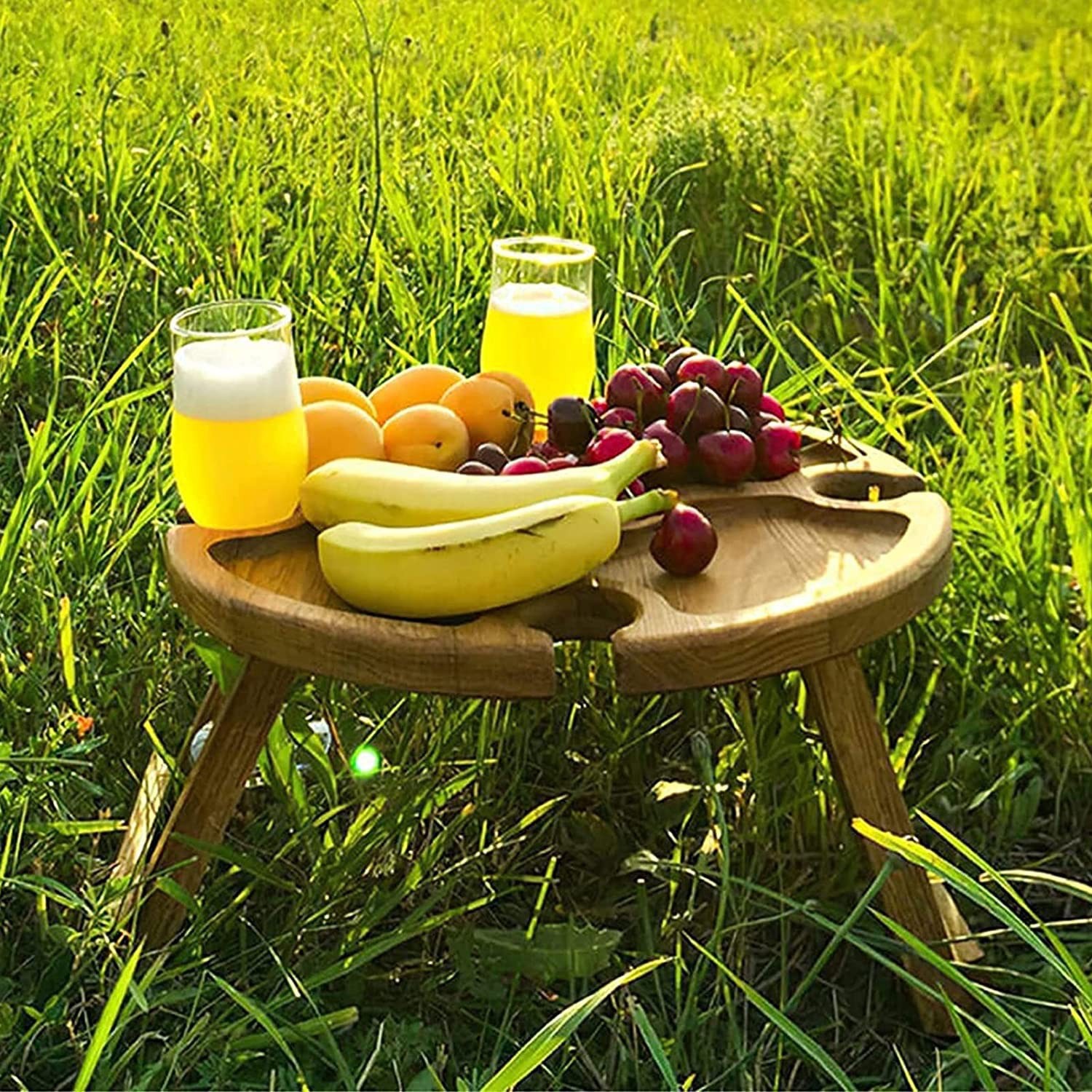 Outdoor Picnic Wine Table Wooden Dried Fruit Plate Folding Tray Portable Dining Table Goblet Wine Rack Solid Wood Tray