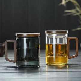 木柄把手高硼硅玻璃泡茶杯办公室茶水分离绿茶杯简约大容量三件杯