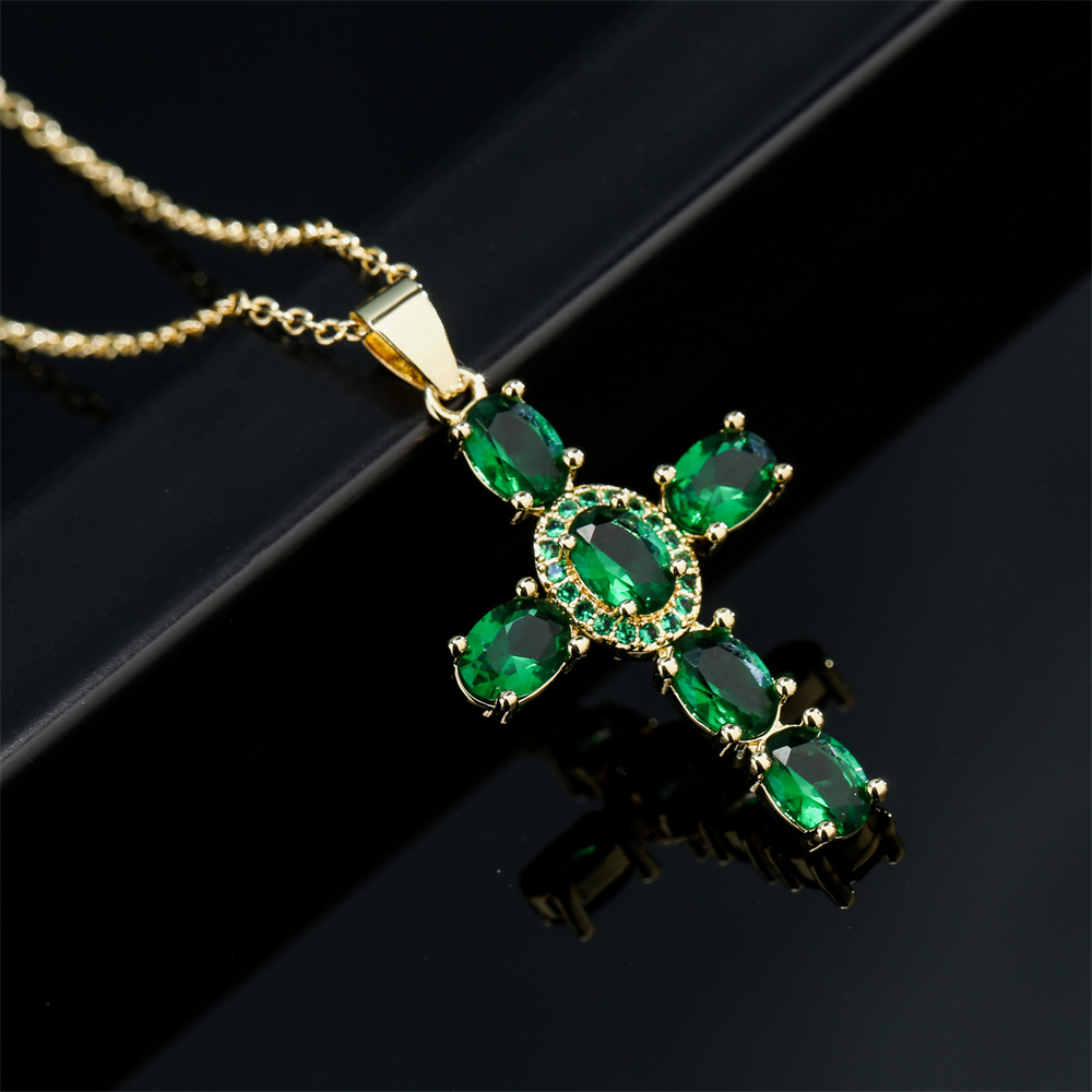 simple inlaid color zirconium cross pendant copper 18K necklace wholesale