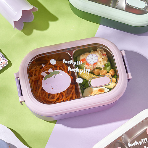 New product, small fresh stainless steel lunch box with fruit print, student lunch box, office worker lunch box, can be filled with water and heated