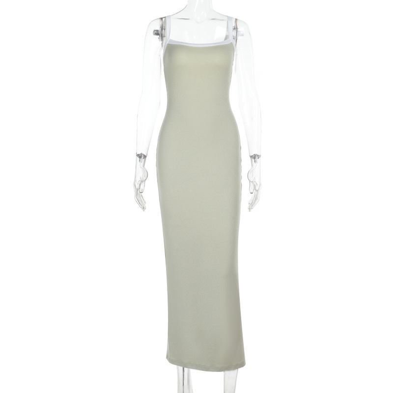 Sling Contrast Color Knitted Sexy Backless Dress Women Sexy Slim Fit Maxi Dress