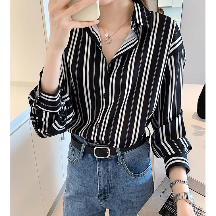Vertical Striped Shirt for Women, Korean Spring Style, Loose Design, Niche, Lazy, Mature, Hong Kong Style, French Long-Sleeve Shirt