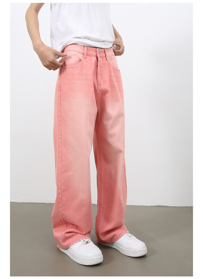 Quần jean nam ống rộng phong cách retro, cạp vừa, dáng đứng, dài chấm gót — Màu hồng, Màu tím, Xanh lam nhạt, Xanh lục cũ chi tiết 10