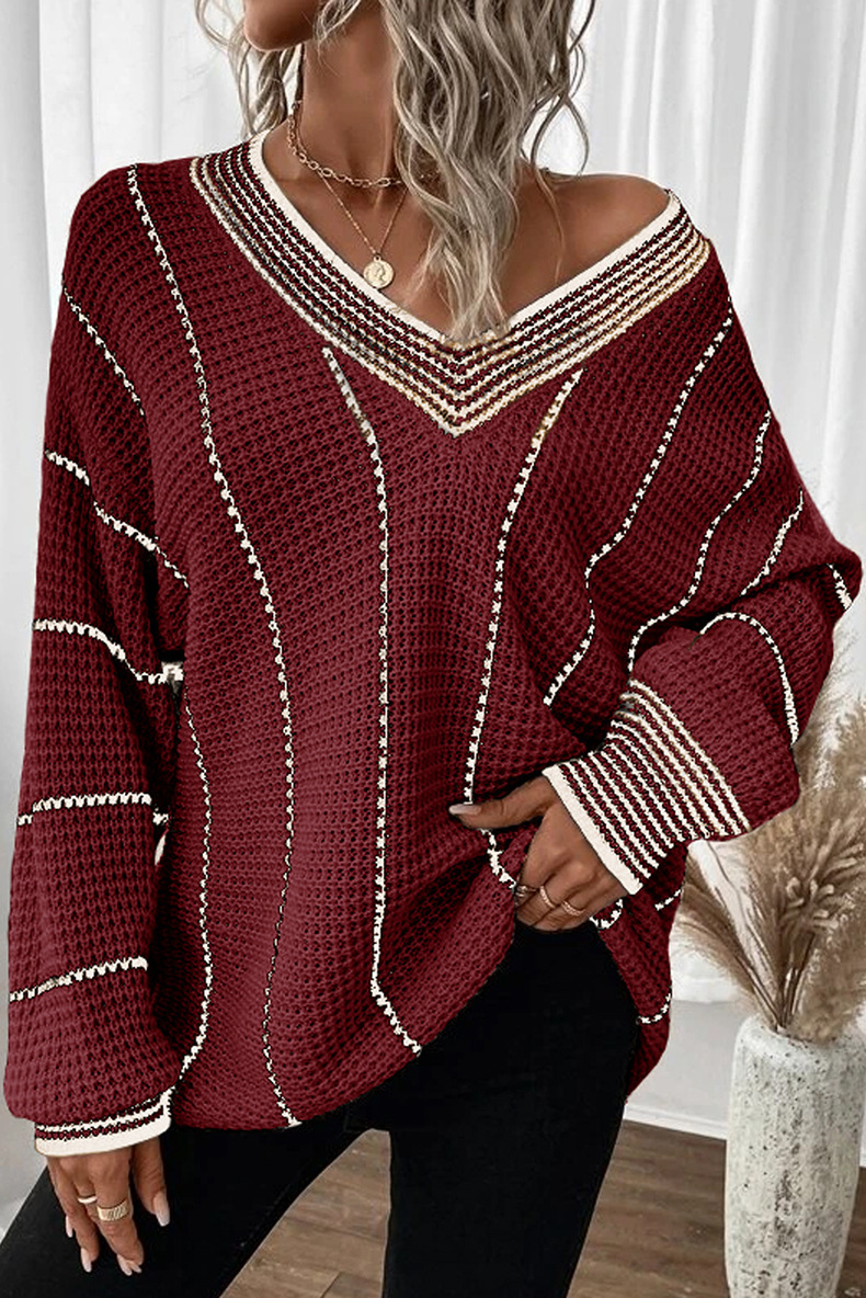 Europa y Estados Unidos transfronterizos Amazon otoño y invierno nuevo cuello en V vertical suéter suelto ropa de mujer Aliexpress moda jersey superior image 9