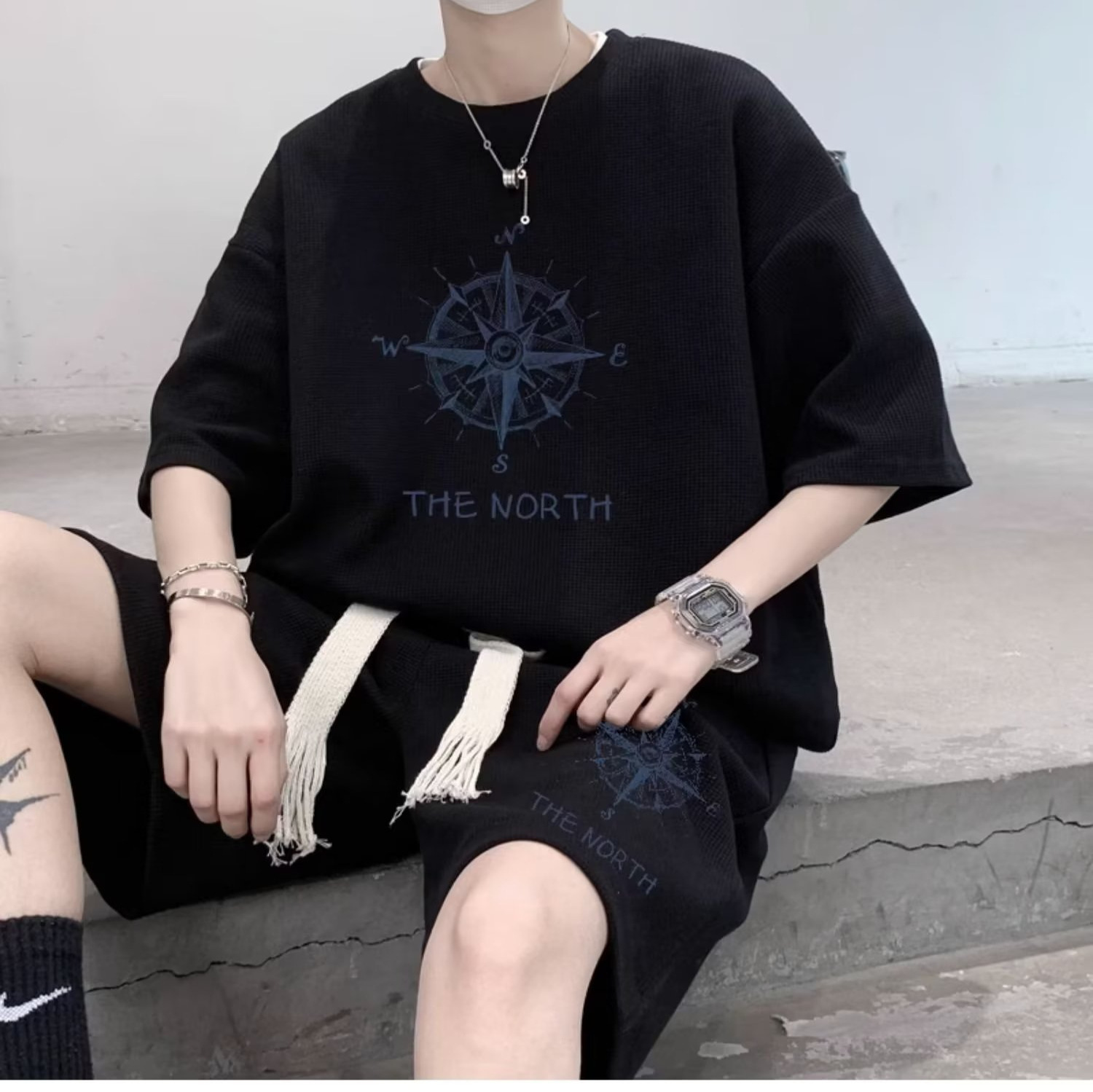 Verano waffle deportes traje casual hombres sueltos más tamaño de manga corta Camiseta pantalones cortos conjunto guapo moda a juego