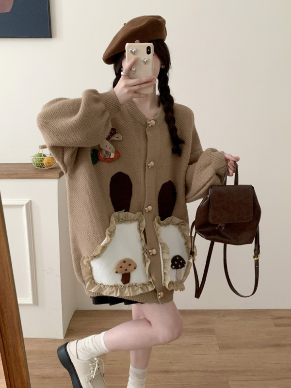 设计感可爱兔子开衫毛衣女2025秋冬新款韩版宽松慵懒甜美毛衣外套|undefined