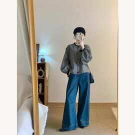 春秋新款休闲胖妹妹小众别致花边袖口开衫衬衣复古格子百搭衬衫女