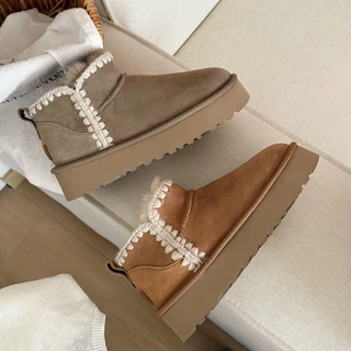 秋冬厚底迷你毛线编织皮毛一体雪地靴女短筒保暖短靴冬季款高帮