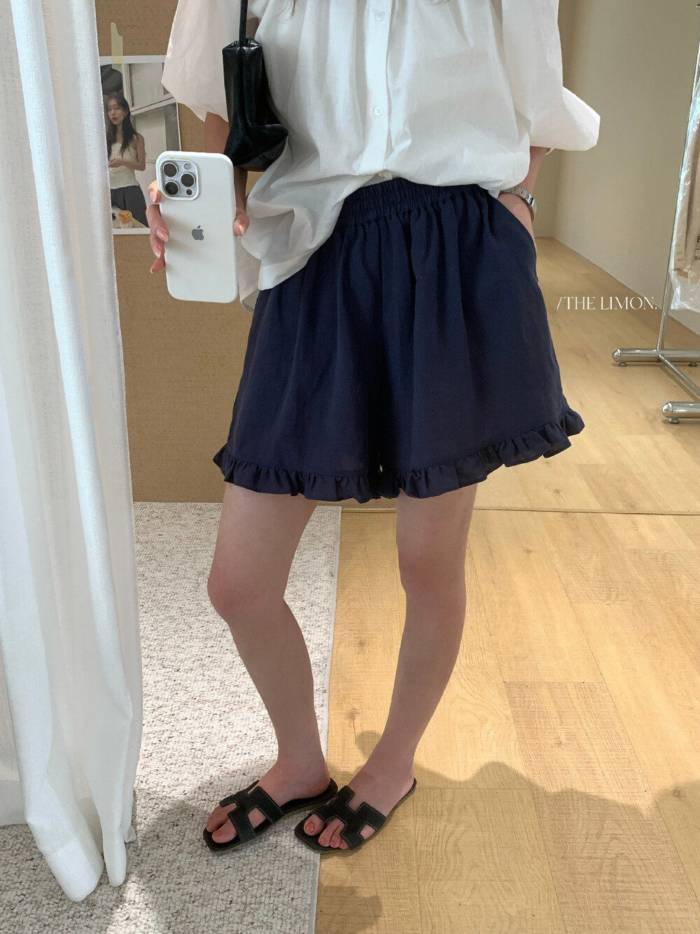 Quần short nữ cạp chun ống rộng chất liệu linen phối viền ren — màu sắc, xanh lam, Màu cà phê, màu hồng chi tiết 4