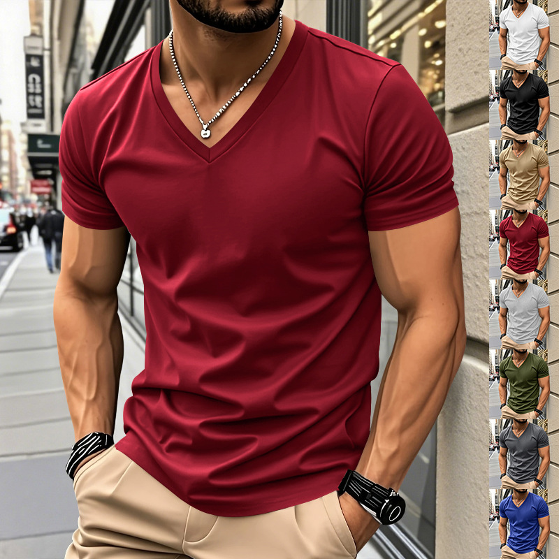 跨境亚马逊美式夏季新款男士潮流V领速干透气休闲运动个性短袖T恤