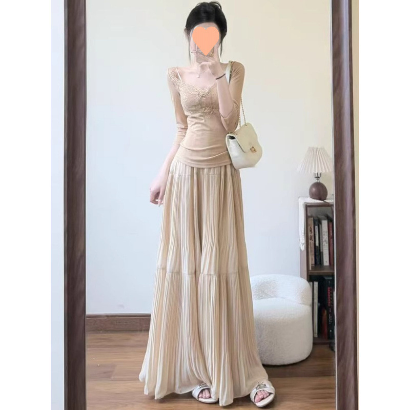 杏色雪纺半身裙女夏季新款高腰a字蓬蓬蛋糕裙设计感压褶仙女长裙|undefined